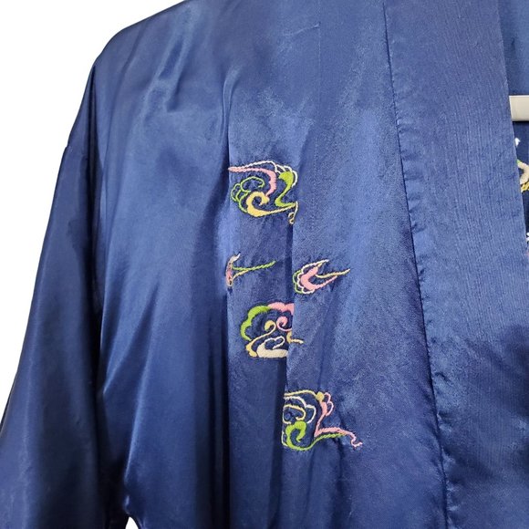Health Shanghai Size M Kimono Robe Silky Rayon Embroidered Dragon Tie Belt Blue - Picture 14 of 14